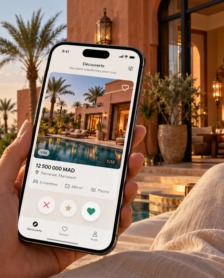 Téléphone présentant une sélection de villas à Marrakech