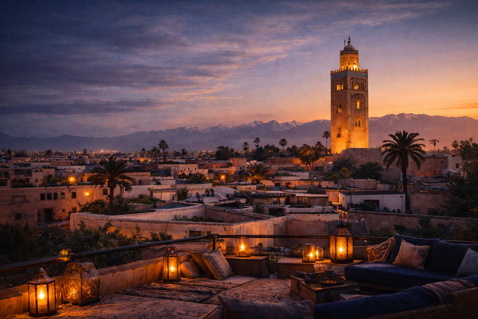Vue panoramique de Marrakech au coucher du soleil avec les montagnes de l'Atlas pour illustrer le marché immobilier à Marrakech